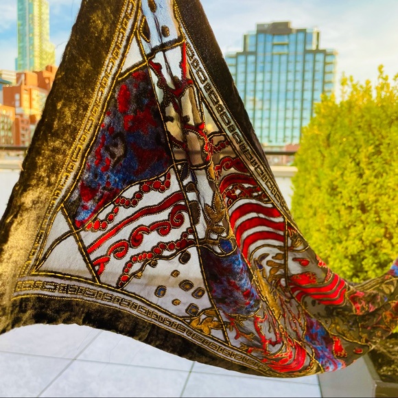 Oscar de la Renta Vintage Royal Velvet Cut Out Mesh Art Long Rectangle Scarf - Picture 4 of 16